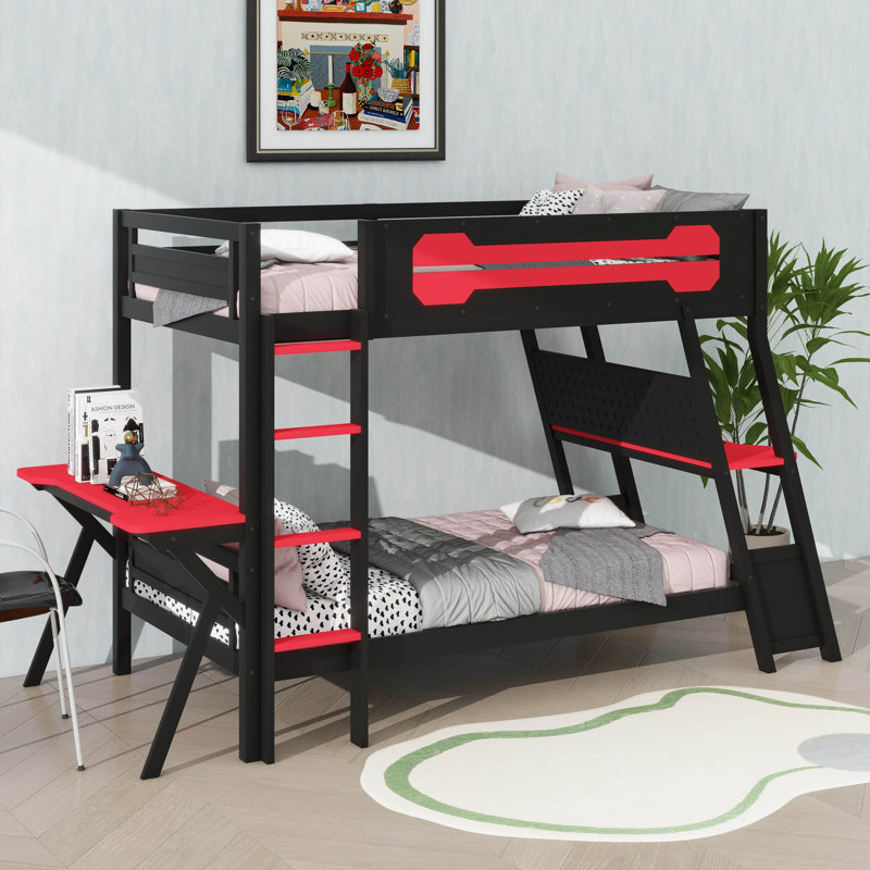 Lit simple superposé de jeu simple avec 2 bureaux intégrés, ports USB sur le bureau et rangement perforé, Noir / Rouge