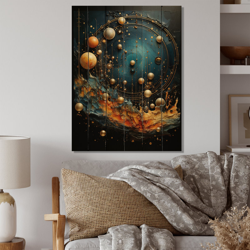 Astrologie planète Rhapsodie mixte sur bois, H 40 po x l 30 po x P 0,78 po