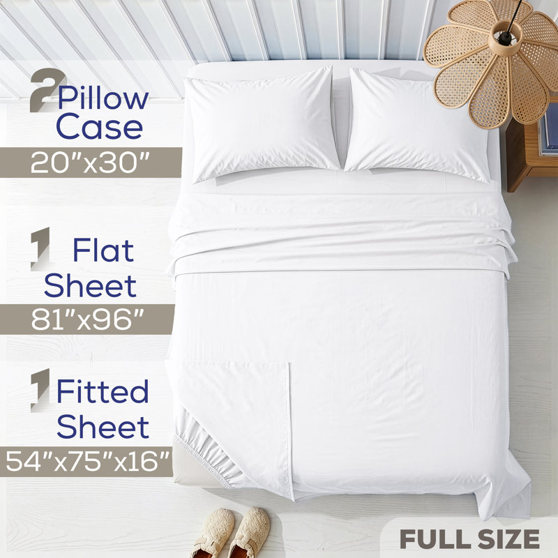 Ensemble de draps en percale 100% coton lavé - comprend 1 drap plat, 1 drap-housse et 2 taies d'oreiller, White