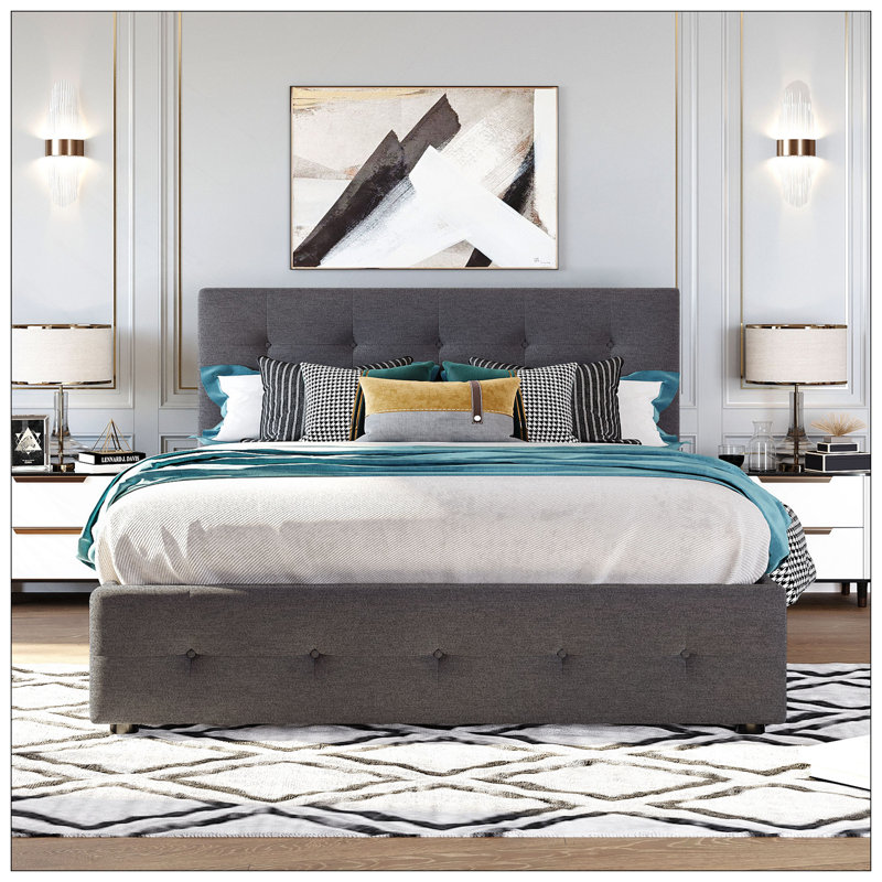 Lit plateforme tapissier avec tête de lit classique et 4 tiroirs, aucun sommier nécessaire, tissu en lin, grand, Gris foncé