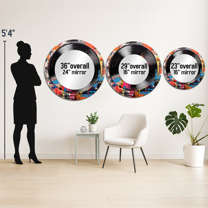 Coloré rétro vinyle III - grand disque vinyle, miroir mural rond unique moderne, art imprimé en métal, 36 po x 36 po