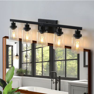 31" Modern Black 5-Light Bathroom Vanity Light Fixture, Industrial Wall Sconce With Clear Glass Shades For Mirror, Bathroom, Bedroom, And Hallway (No Bulbs)