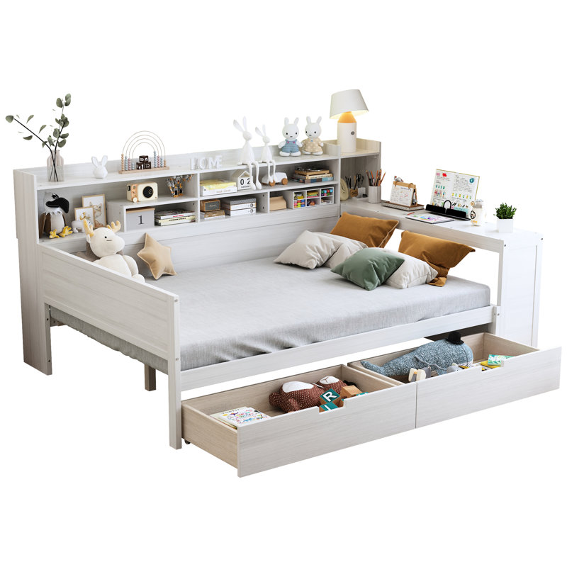 Lit de jour en bois pleine grandeur avec tablettes polyvalentes et bureau d'étude, système de rangement efficace blanc antique