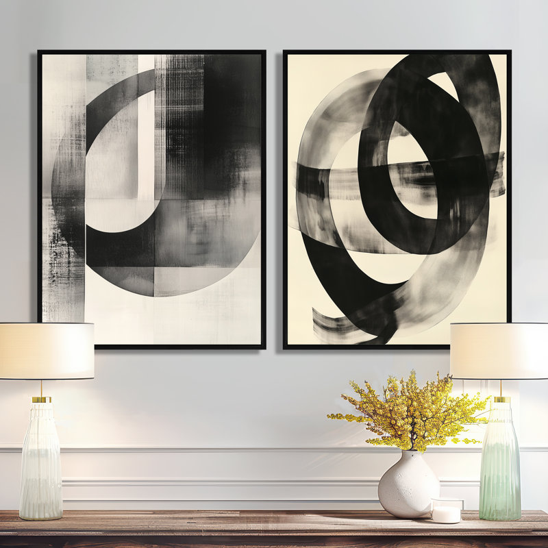Courbes géométriques noires et blanches minimalistes - ensemble d'art mural abstrait noir et blanc, H 32 po x l 48 po