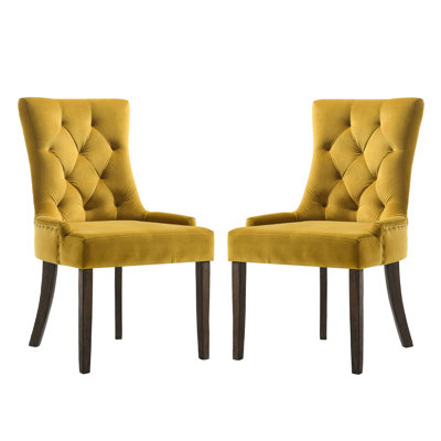 De 2 chaises de salle à manger rembourrées en velours de couleur jaune avec garniture cloutée de coussin de dossier, profondeur de siège de 23 pouces, hauteur de 18 pouces, rembourrage en mousse, motif uni, idéal pour la pièce deux avec couleurs, garniture,