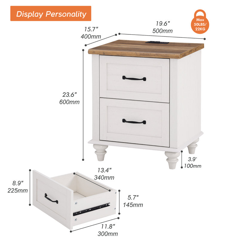 Aileas 19.6'' W Nightstand, White/Brown, Individual