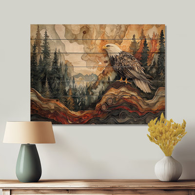 Eagle In A Large Forest Landscape - Eagle Animal Wood Wall Decor - On Natural Pine Wood