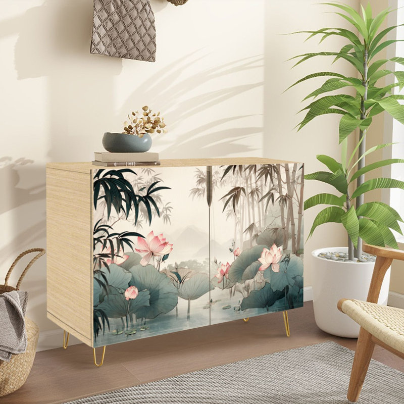 Buffet Buffet avec rangement Serene Lotus Pond Green Leaves Bamboo