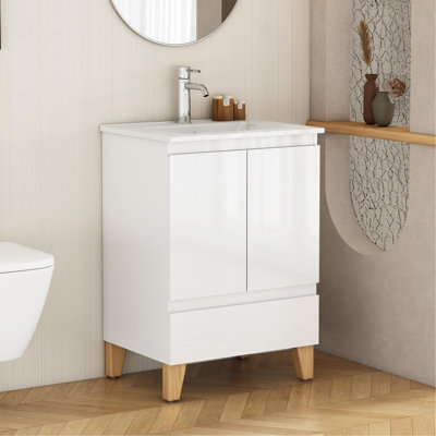 Meuble-lavabo blanc brillant 24 po sans poignée avec lavabo en céramique, 2 portes, 1 tiroir et pieds en bois massif naturel