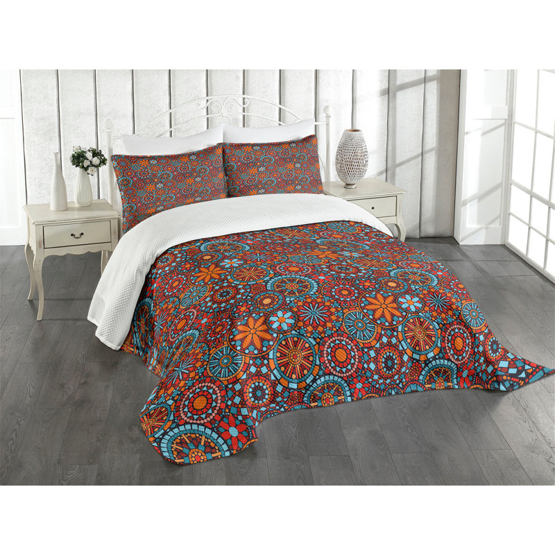 Ambesonne Mandala Bedspread Set Circular Nested Floral Form Vermilion Ruby Sky Blue, King Bedspread + 2 Standard Shams