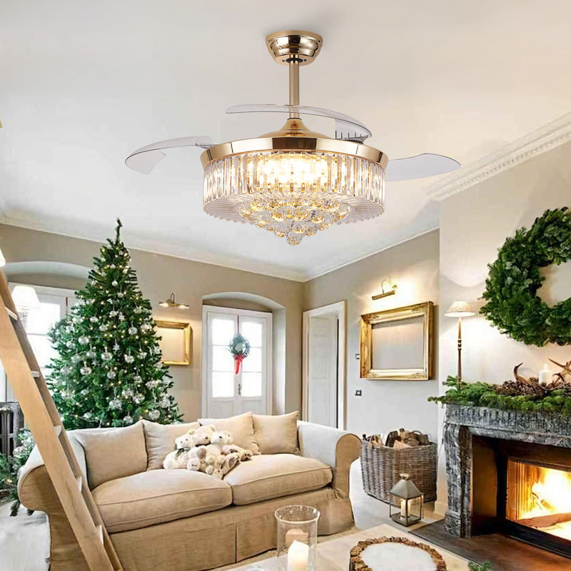 48" Dimmable Crystal Ceiling Fan With Led Lights And Remote Control, Gold with GOLD