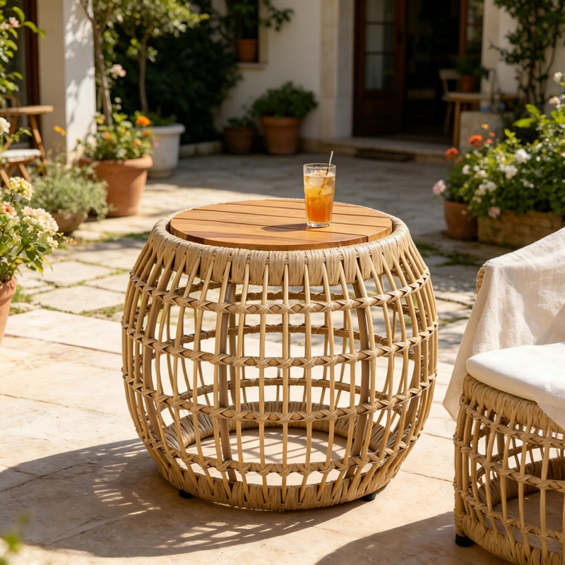 Table basse d'extérieur avec base en osier