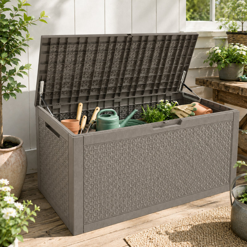 Boîte de rangement en résine 120 gallons pour l'extérieur durable et résistante aux intempéries, Gris