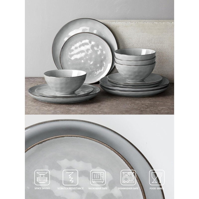 12 Piece Stoneware Dinnerware Set - Service for 4, Grey