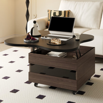 Table basse à plateau relevable avec base à roulettes verrouillables, tiroir de rangement et compartiment de rangement caché