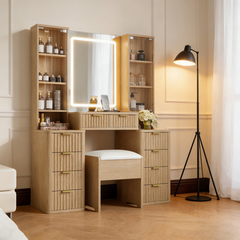 43.5" Fluted Makeup Vanity Desk with Mirror and Lights, Wood Bedroom Vanity with Glass Top, Charging Station,Stool, Oak