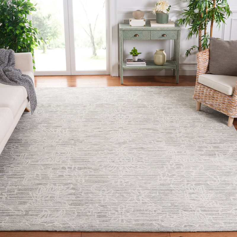 Tapis en laine / coton touffeté à la main Roslyn en gris clair / ivoire, Rectangle 8 pi x 10 pi