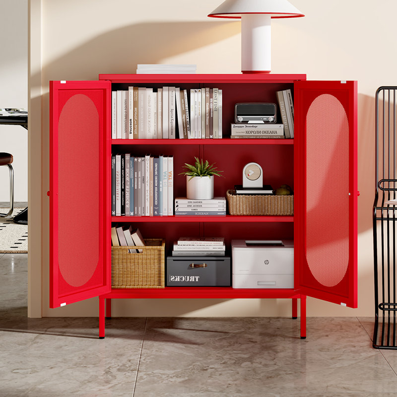 Armoire de rangement décorative en métal à 3 niveaux pour la maison, le salon, le bureau, la cuisine, le vestibule, le vestibule-Buffet avec 2 tablettes réglables et 2 armoires-vestiaires en filet (rouge)