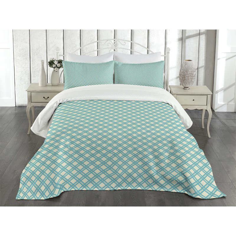 Ambesonne Geometric Bedspread Set Aqua Checked Tile Turquoise Ivory, King Coverlet/Bedspread + 2 Standard Shams