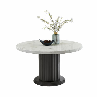 Round Faux Marble Dining Table with Pedestal Wood Base