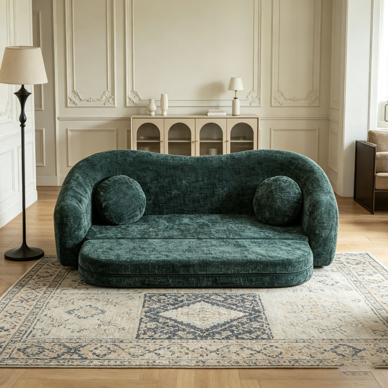 Canapé inclinable à compression courbée convertible, canapé-lit 2 en 1 escamotable, avec base escamotable et siège profond, comprend deux coussins, fauteuil inclinable en chenille deux places
