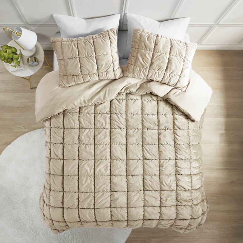 Ensemble d'édredon en velours Velvet Dream Puff, Édredon double / grand + 2 taies décoratives sta, Brun clair