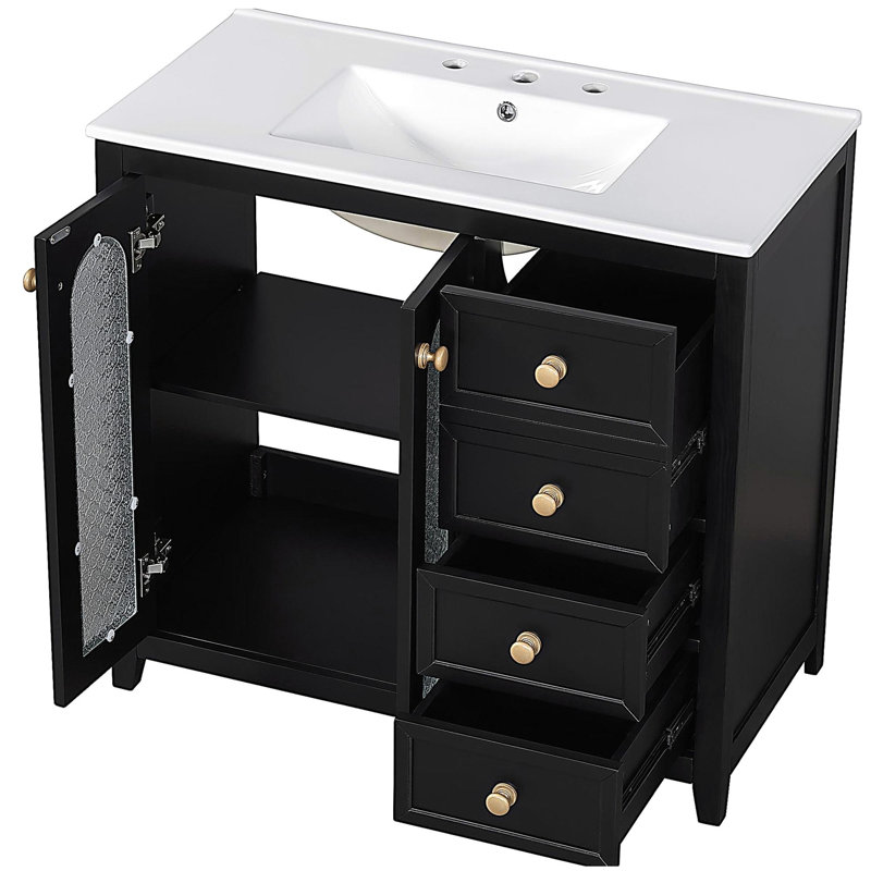 Meuble-lavabo de 36 pouces avec deux portes à fermeture douce, des tablettes réglables et trois tiroirs, Noir