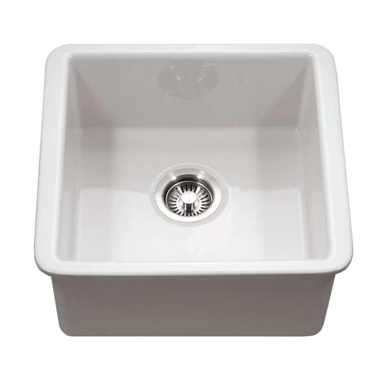 Houzer Platus 20 in Fireclay Undermount Square Bar Sink with Strainer and Grid