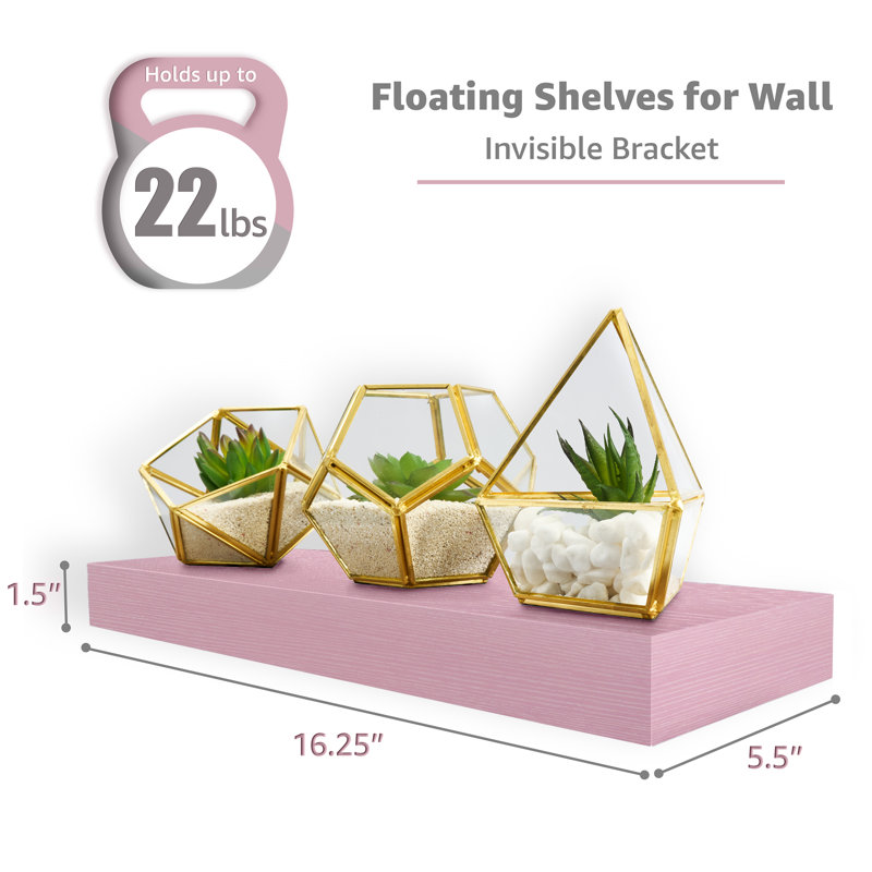 Sorbus Floating Shelves for Wall – 16 Inch Floating Shelf for Kitchen, Bedroom, Living Room, Bathroom, Home & Wall Decor - Mounted Bathroom Shelves with Invisible Brackets, 4 Pack - Soft Pink