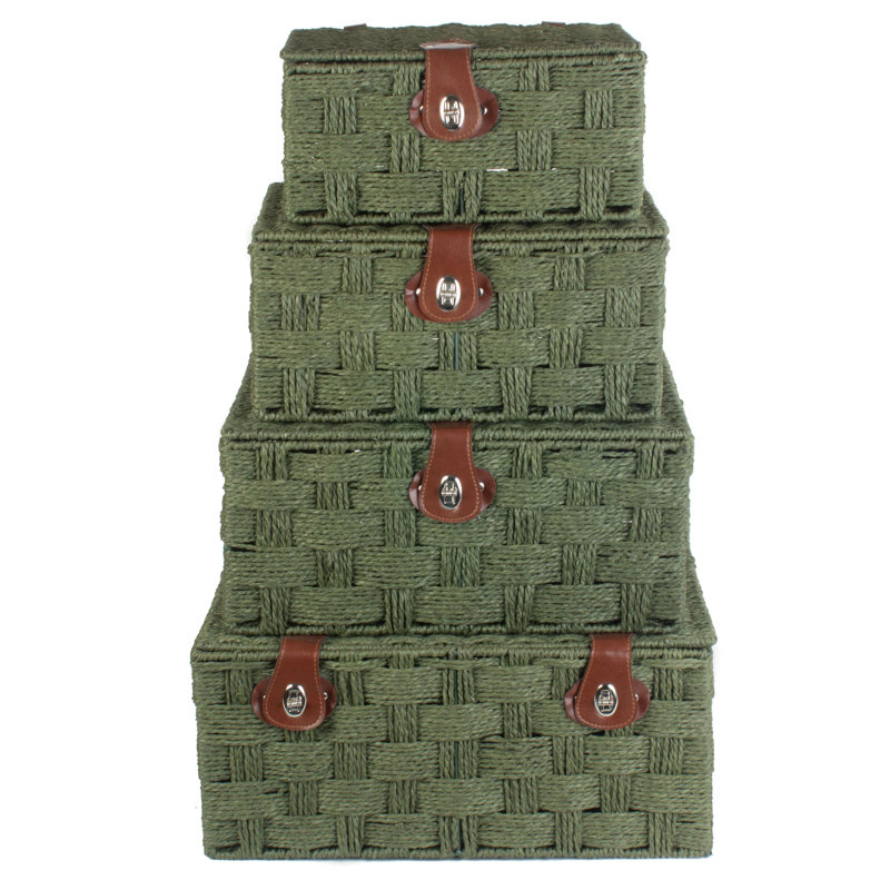 Paper Rope 4 Piece Lidded Storage Basket Set, Green