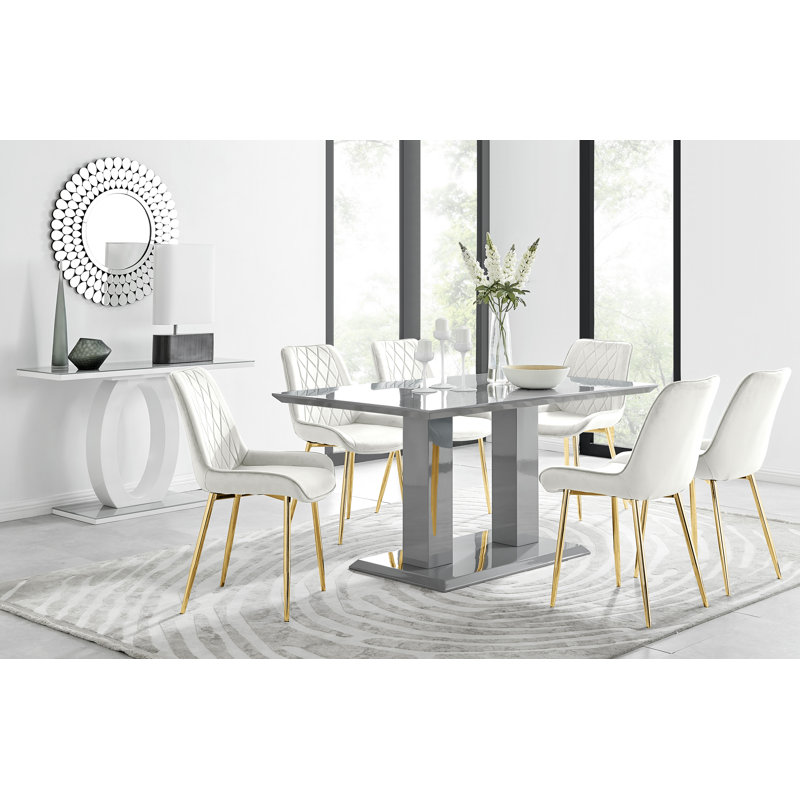 Eubanks High Gloss Double Pillar Dining Table Set with 6 Luxury Velvet Upholstered Dining Chairs