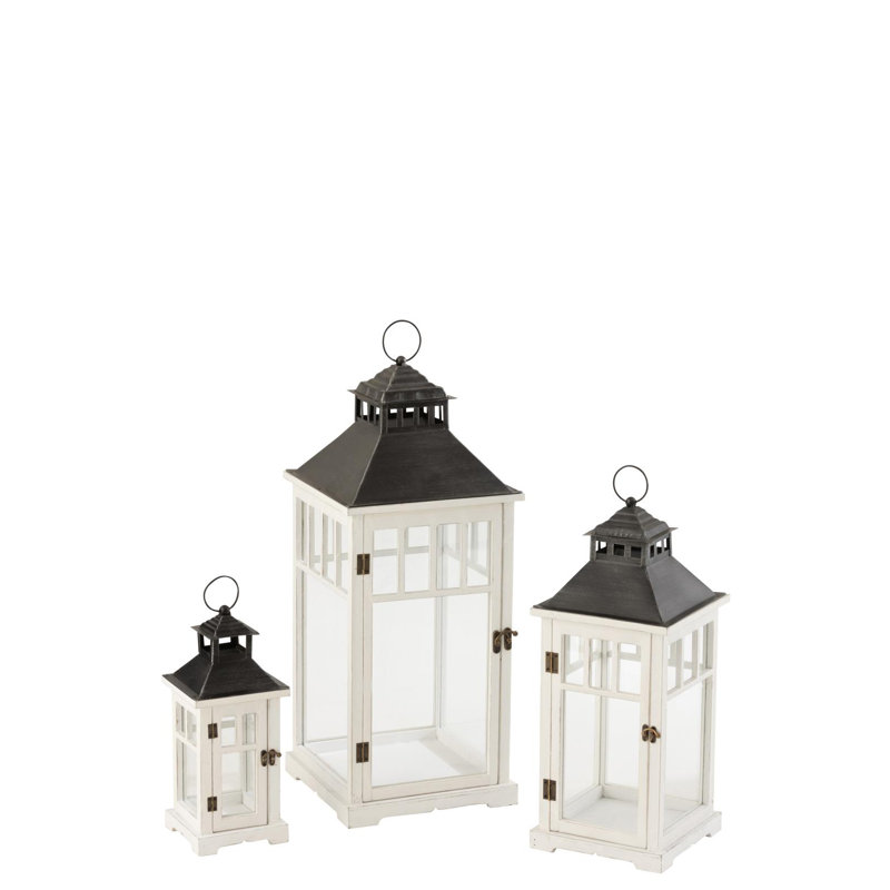 Cozy 3 Piece Wood Tabletop Lantern Set, White/Black
