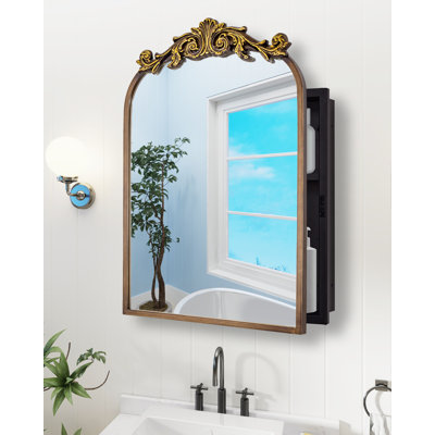 20x30 inch Surface or Recessed Mount Medicine Cabinet Mirror with Vintage Bronze Carving & Hand-Painted Aluminum Frame, All-Metal Construction, 2 Shelves, Arched Mirror for Bathroom, Entryway, Hallway