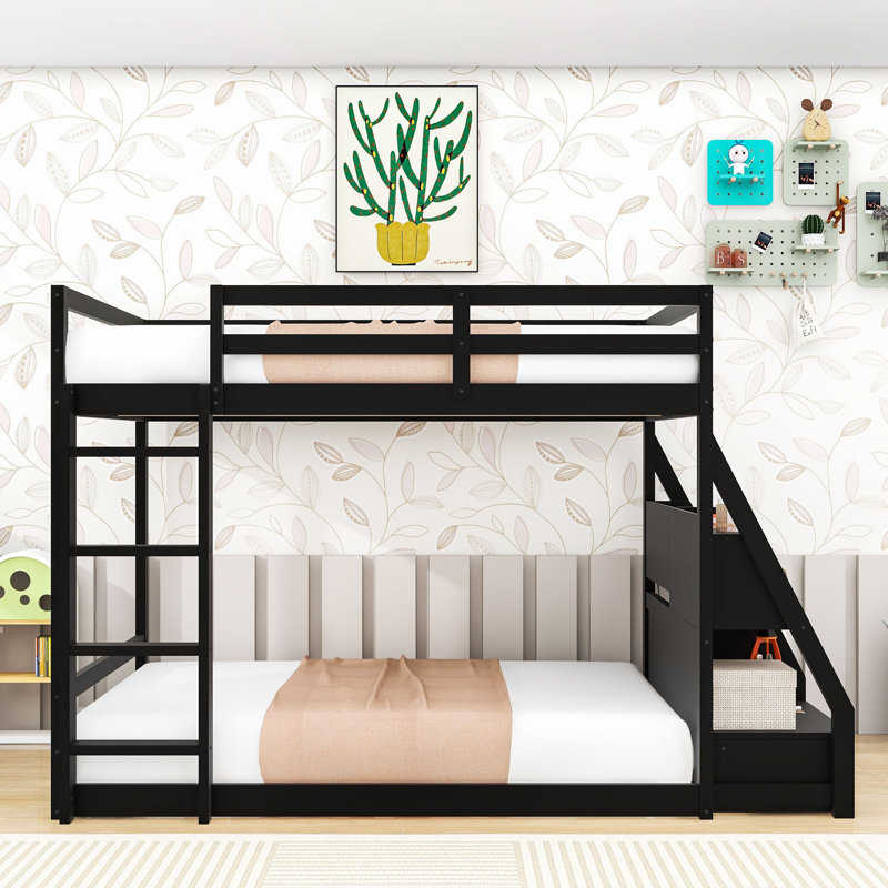 Full over Full Wooden Bunk Bed with LED Light Strip, Shelves, Charging Station and Drawers, Black