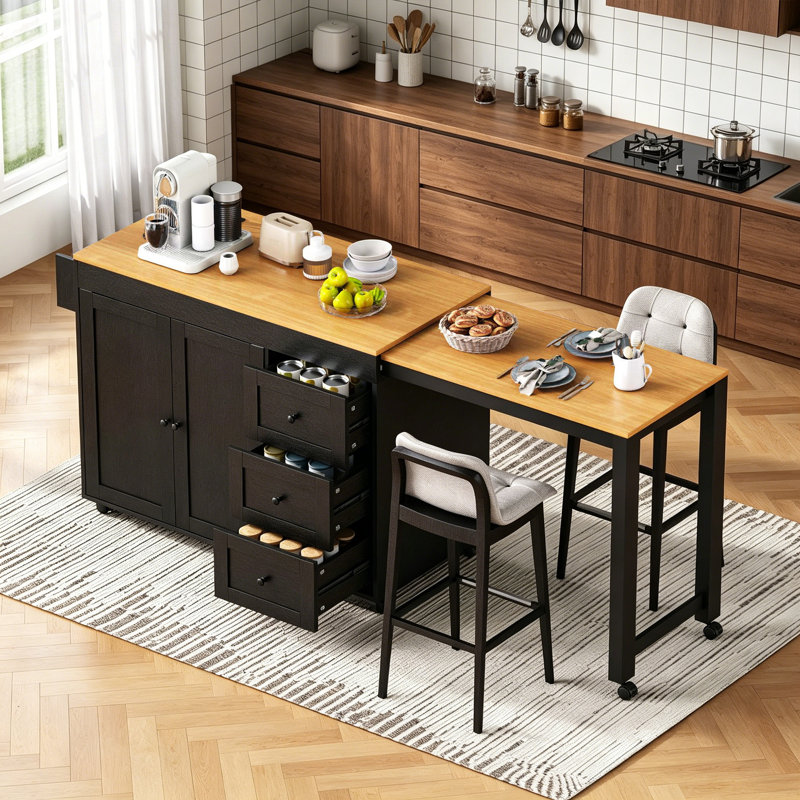 Îlot de cuisine 74,8 po avec table de salle à manger extensible, Black