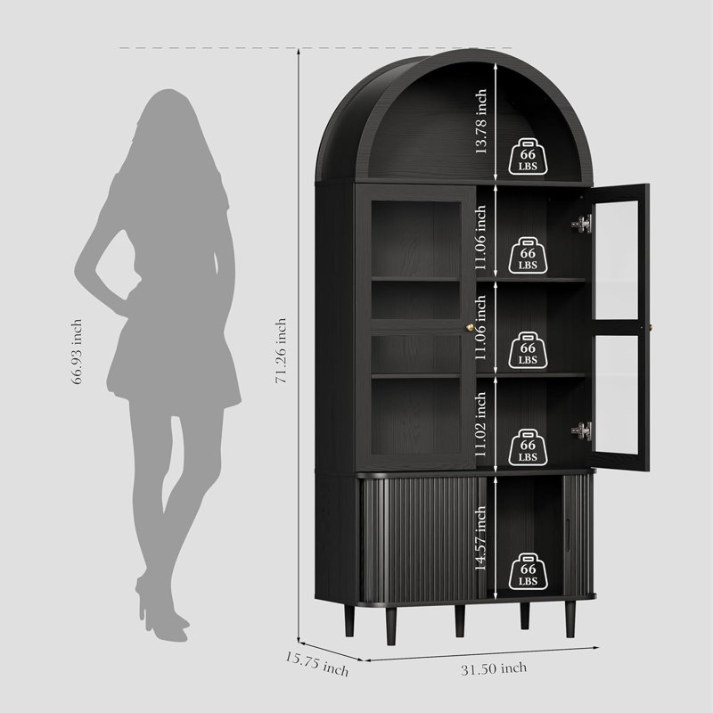 71" Arched Fluted Kitchen Pantry Cabinet With Sliding Tambour Doors, Adjustable Shelves & Solid Wood Legs, Tall Storage Cabinet for Kitchen, Dining Room & Living Room