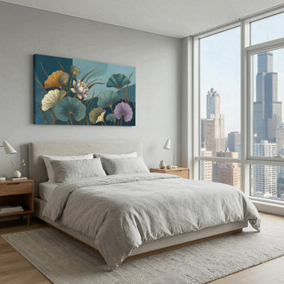 White Lotus Flower and Teal Lily Pads with Gold Outlines Canvas Wall Art 47 x 24 x 1.5 Inch
