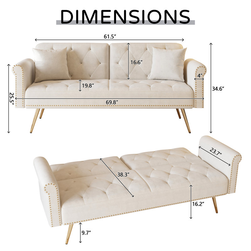 Futon Sofa Bed Convertible Sleeper Sofa Couch Loveseat For for Living Room, Office, Apartment, Beige Velvet