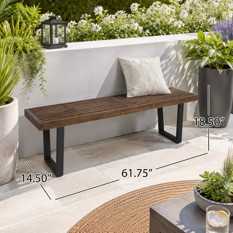 Banc de salle à manger d'extérieur 61,75 pouces avec pieds en bois d'acacia et en fer