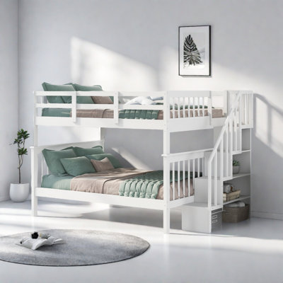 Stairway Full-Over-Full Bunk Bed With Storage And Guard Rail For Bedroom, Dorm