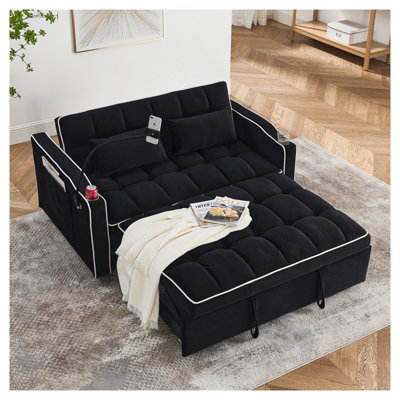 Velvet Pull-out Sleeper Sofa Bed, Adjustable Back and with USB Pport, swivel phone stand