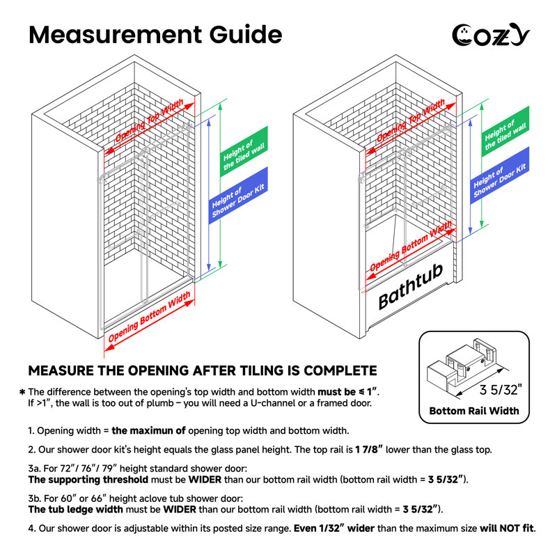 62-67" W x 60" H Frameless Double Sliding Tub Door with 3/8" (10mm) Clear Tempered Glass, Shatter-Resistant Film & Installation Hole Locator
