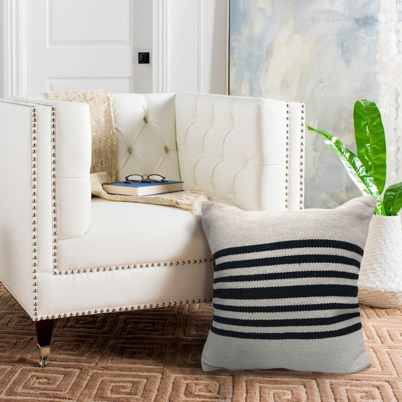 Coussin décoratif en coton à rayures 22 po, Blanc/Noir