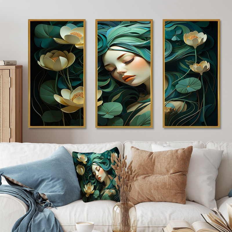 Femme verte et blanche avec une fleur sur le visage II - art mural floral femme, Cadre flottant doré, H 40 po x l 60 po