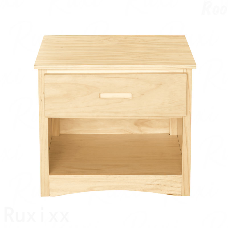 Table de chevet 1 pièce au fini pin naturel, mobilier de chambre contemporain avec tiroir et tablette ouverte