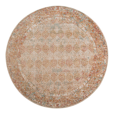 6' Beige Round Southwestern Power Loom Area Rug With Fringe