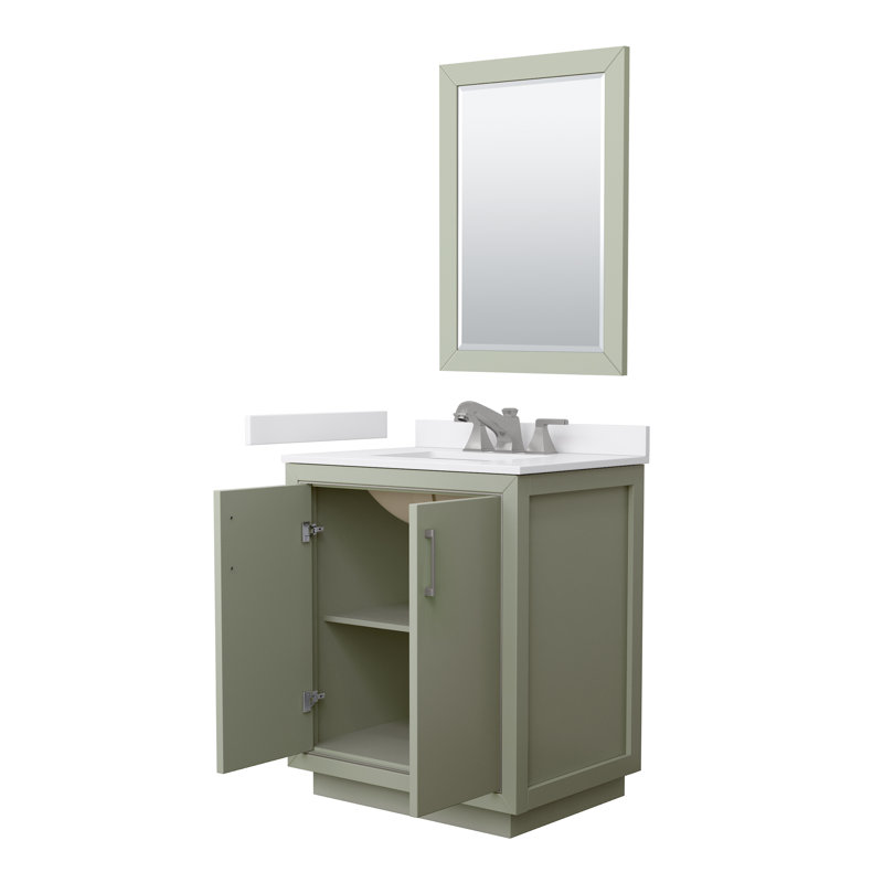 Icon 30" Freestanding Single Bathroom Vanity with Cultured Marble Top, Green, Brushed Nickel, White Cultured Marble
