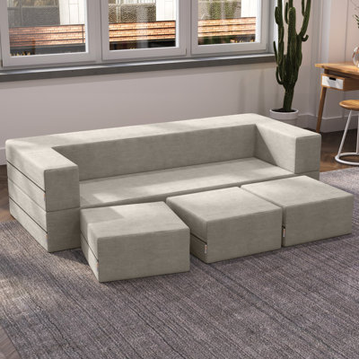 Shontae Zipline Convertible Sleeper Sofa, Three Ottomans, & Pillows / California King-Size Bed, Textured Microvelvet by Ebern Designs