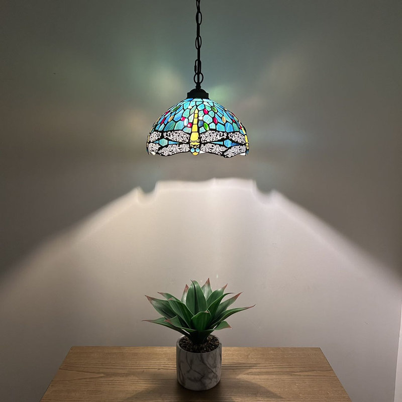 Luminaire suspendu Kleist Tiffany avec libellule en verre coloré bleu vert l 12 po x P 12 po x H 60 po