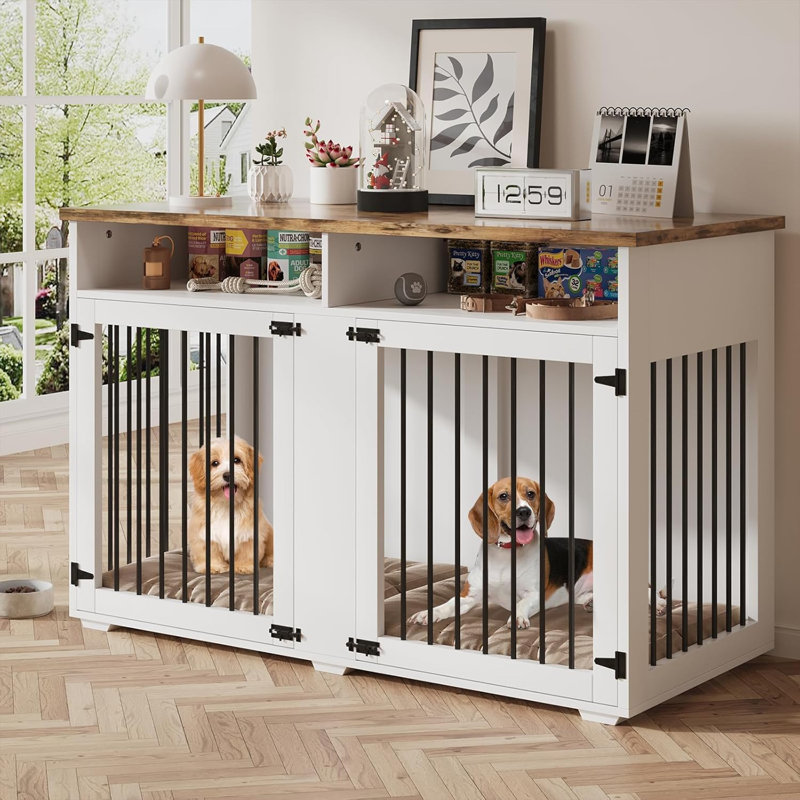 Meuble-cage pour chien, Blanc / Brun, H 35,03 po x l 55 po x P 23,62 po